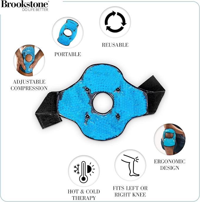Brookstone Knee Ice Pack Wrap With Silica Beads - Hot and Cold Therapy for Pain Relief - Reusable for Swelling, Injuries, and Post-Surgery Recovery - Azure Blue