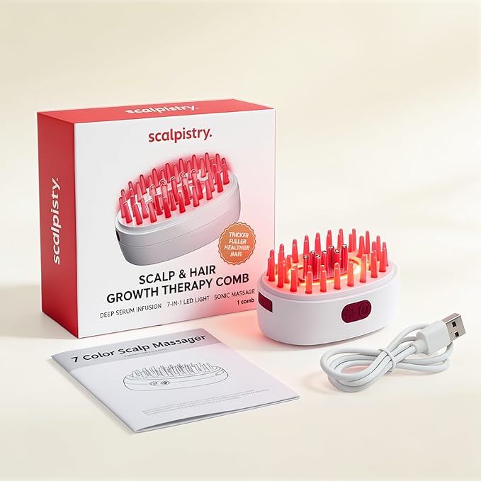 7-1 Red Light Hair Brush Comb | Vibrating Electric Red Light Scalp Massager + Oil Applicator for Fuller-Looking Hair Care | Scalp Massage for Head Spa | Portable, Cordless & Waterproof