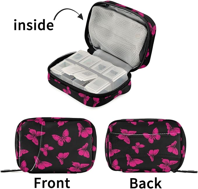 Fustylead Cute Hot Pink Wild Butterfly Pill Organizer Travel Portable Zipper Cloth Bag for Holding Weekly Supplements Vitamins and Fish Oils