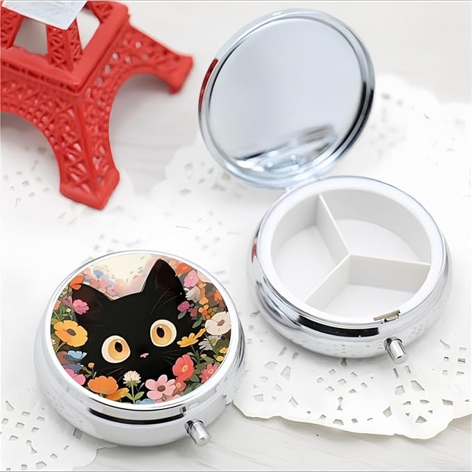 Pill Box 3 Compartment Pocket Small Pill Organizer Mini Metal Pill Holder Travel Portable for Man Woman Old People and Kids - Cute Black Cat