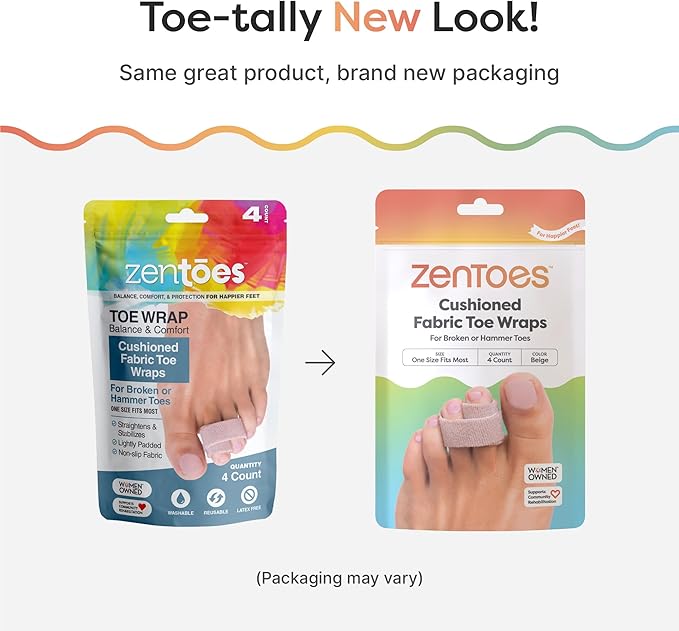 ZenToes Hammer Toe Corrector for Women & Men - Reusable Fabric Buddy Wraps for Broken Toes - Cushioned Toe Splint for Protection & Recovery & Hammertoe Straightener - 4 Count (OSFM, Beige)