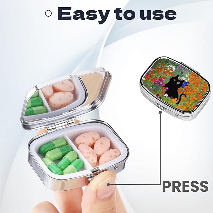 Metal 2 Compartment Square Pill Organizer Sealed Travel Pill Container, Mini Size Pill Box for Pocket Wallets Two Times a Day Compact Pill Case for Children, Men and Woman - Cute Flower Cat