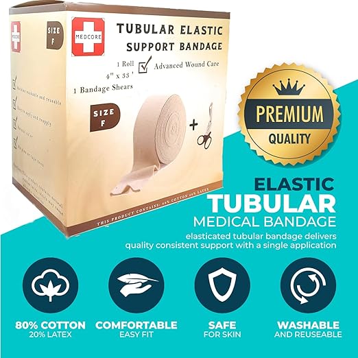 Tubular Compression Bandage Size F (4” x 33 ft) – Elastic Stockinette Support Sleeve for Large Knee, Thigh, Leg & Arm – Cut-to-Fit, Washable Reusable, No Pins/Tape – Includes Bandage Medical Scissors