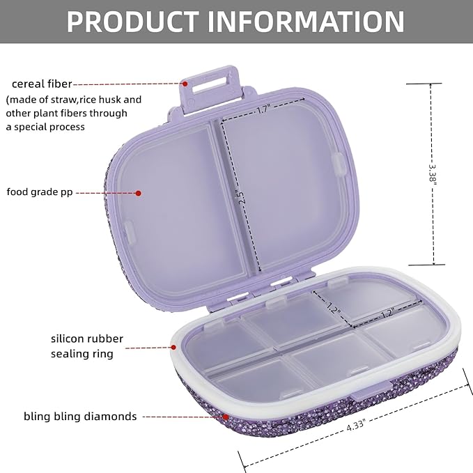 Bling Travel Pill Organizer Cute Pill Box with Labels Rhinestone Pill Case for Purse Portable Daily Pill Container 7 Day Medicine Holder for Vitamin Supplement(Purple)