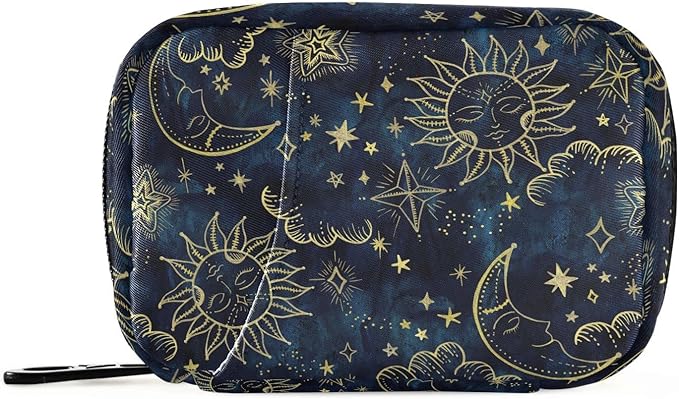 Pill Box Vintage Moon Sun Star Sky 7 Day Pill Case Travel Pill Organizer Bag with Zipper Portable Weekly Vitamin Medicine Supplement Holder Pouch Bag