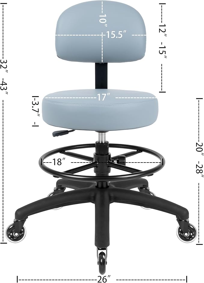 TAKE UR SEAT® Economical Multi-Purpose Medical Spa Drafting Stool with Adjustable seat and Back Height. Advanced Fabric seat Cover is Easy to Clean. Blade Wheels (Med. Bench Height Grey)