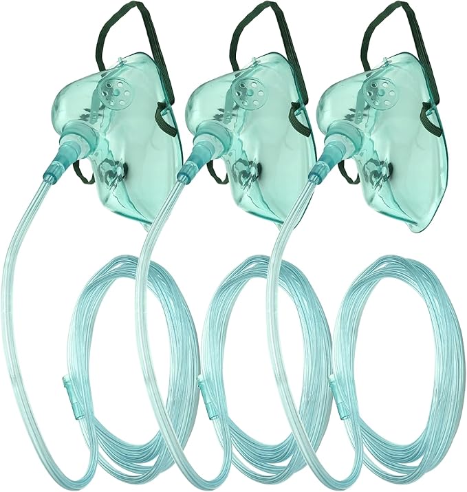3 Pack Oxygen Mask for Face Adult with 7 Ft Tube, Adult Oxygen Mask with Adjustable Elastic Strap - XL+L+M,Green