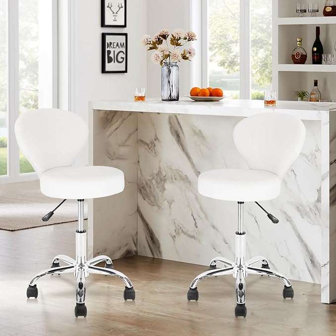 Set of 4 PVC Faux Leather Rolling Swivel Salon Stool Chair with Low Back Support Adjustable Hydraulic Seat Height 22 IN Diameter 15 IN for Office Massage Facial Spa Medical Tattoo White 4 Pack