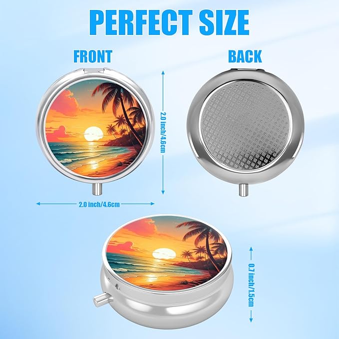 Pill Box, 3 Compartments Small Beach Sunset Pill Case Travel Portable Metal Medicine Box with Mirror Mini Container for Purse Pocket Women Men(Palm Tree)