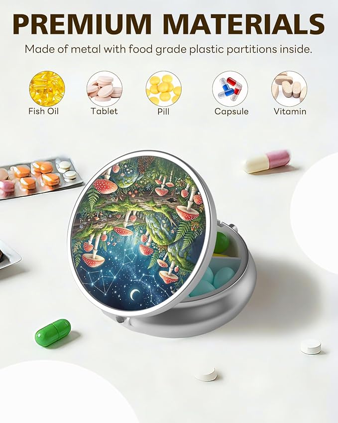LRITER Pill Case, Portable Travel Pill Box, Pillbox Organizer, Cute Small Medicine Storage Container, Purse Accessories for Women, Men (Mushroom)