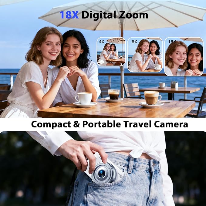4K Digital Camera with Flip Screen, CCD Camera for Students, Compact Travel Cameras for Photography, 18X Digital Zoom Vlogging Cameras for YouTube, Ideal for Bignners Boys Girls Kids