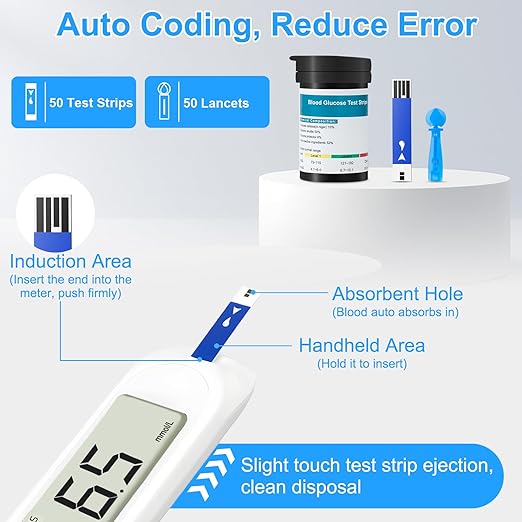 Blood Sugar Monitor,Glucose Monitor Kit with 50 Test Strips & 50 Lancets for Diabetes Testing, Blood Glucose Meter with Auto Eject, No Coding & Large LCD for Seniors
