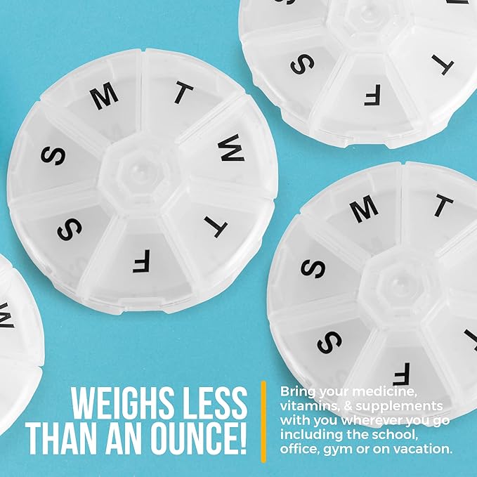 Large Weekly Pill Organizer - (Pack of 4) Daily Pill Cases, Round Pill Organizer 7 Day Container, Medicine Planner, Pill Reminder, BPA-Free for Pills Vitamins, Supplements, and Fish Oils