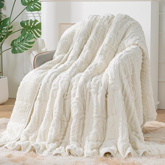 Sherpa Fleece Adult Weighted Blanket Great for Sleep, 20 lbs Dual Sided Soft Fuzzy Heavy Blankets for Couch Bed Sofa, Cozy Warm Arched Jacquard Throw for Winter (Cream White, 60" x 80", 20 Pounds)