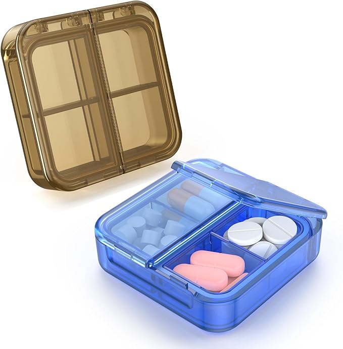Small Pill Box,4 Compartments Travel Pill Case, Portable Pill Organizer,Mini Pill Container for Pocket,Daily Compact Travel Medicine Holder for Vitamins Fish Oil and Supplement Storage(Blue+Black)