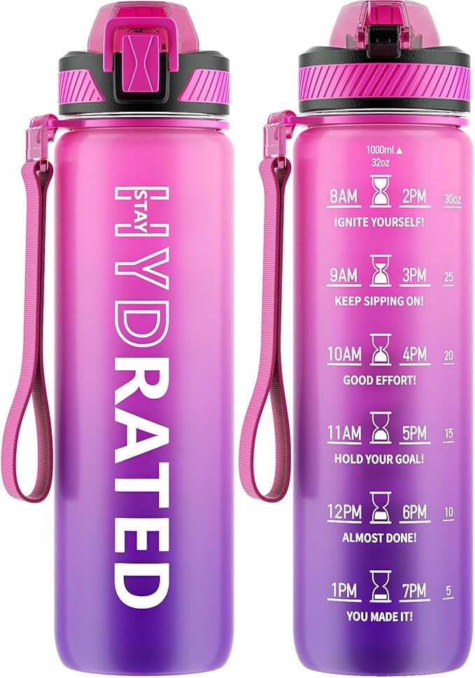 Water Bottle with Straw, 32oz Motivational Water Bottles with Time Marker to Drink, Tritan BPA Free, 1L Sports Water Bottle with Carry Strap LeakProof for Women Gym Fitness Outdoor (1 Pack)