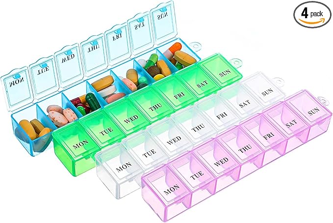 4 Pack Weekly Pill Organizer, Portable Pill Box 7 Day Pill Cases Travel Medicine Organizer for Vitamins, Supplements and Medications