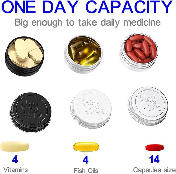 Extra Small Pill Box for Purse (3 Pack), ADHYRO Aluminum Mini Pill Case, Daily Portable Lightproof Pill Organizer to Hold Vitamins, Fish Oils, Supplements (Black Silver White)