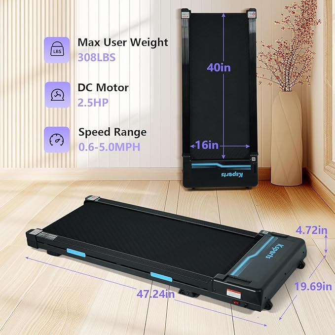 Ksports Walking Pad & Folding Treadmill – 2.5HP, Sit-Ups Mat, Bluetooth App, Portable Wheels | Incline, Desk, Dual Displays, 308 lbs & 265lbs Capacity