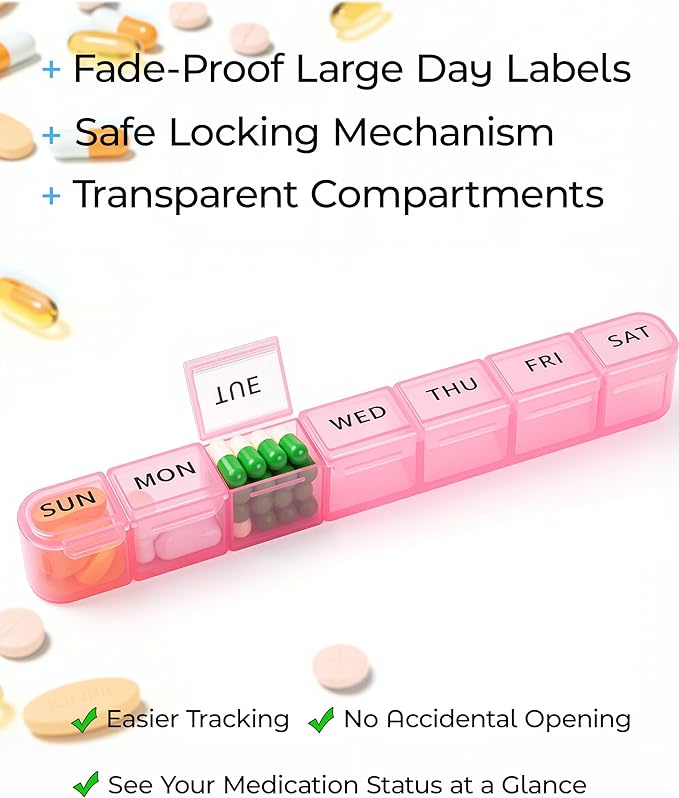 Daviky 2 Pack Weekly Pill Organizer, Large Pill Box 7 Day, AM PM Travel Medicine Case, Portable Pill Container for Vitamins, Supplements & Medications - Blue & Pink
