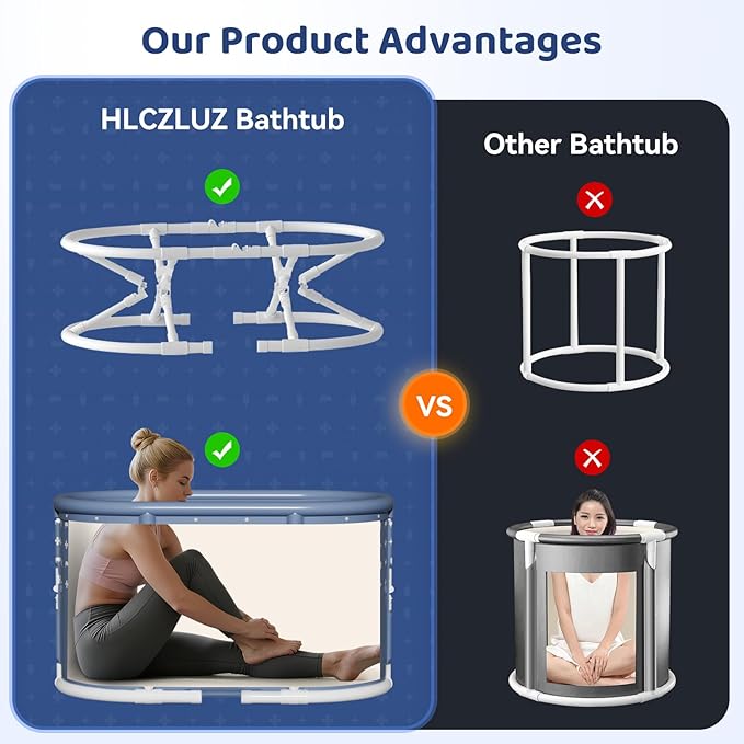 Portable Bathtub, Foldable Bathtub No Installation, Freestanding Shower Bathtubs with Cushion, Collapsible SPA Soaking Bath Tub, Hot & Ice Bath Tub for Indoor Outdoor (Light Blue Gray)