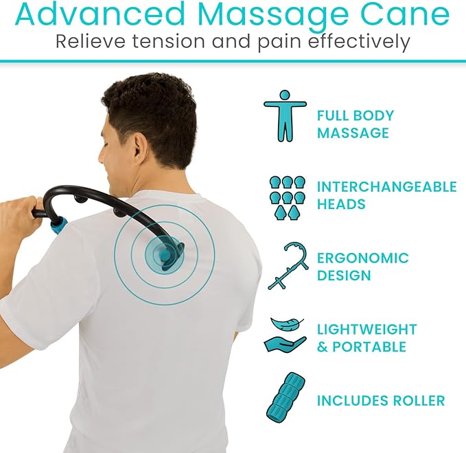 Vive Massage Cane with Roller - Interchangeable Heads - Trigger Point Tool - Neck, Back, Shoulder, Muscles Massager Handheld - Manual Self Massager - Muscle Knot Remover - Deep Tissue Pain Relief