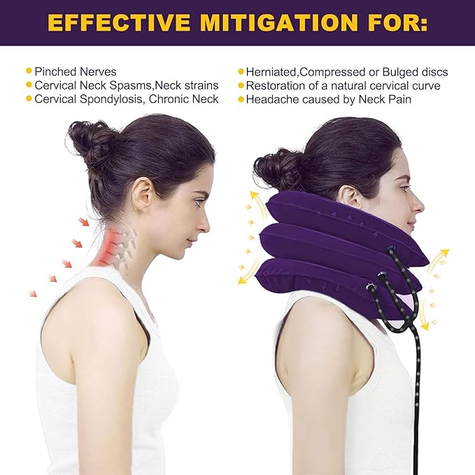 Neck Stretcher, Cervical Traction Device, Neck Traction Device, Cervical Neck Traction Device for Neck Pain Relief, Adjustable Inflatable Neck Brace, Neck Decompression Home Use (Purple)