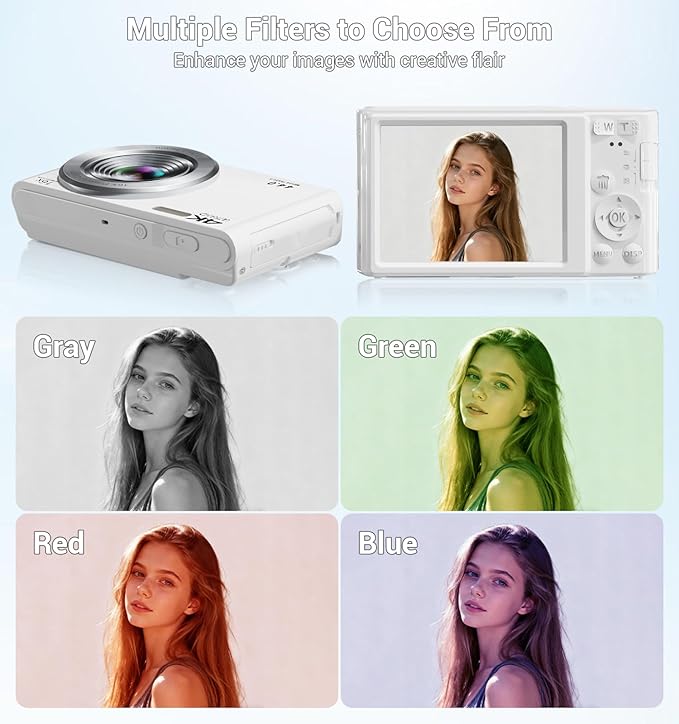 Digital Camera 4K, Autofocus Digital Compact Digital Camera,16X Digital Zoom Upgraded Travel Camera with 64GB SD Card,2 Batteries,Small Camera for Teens Kids Boys Girls,White