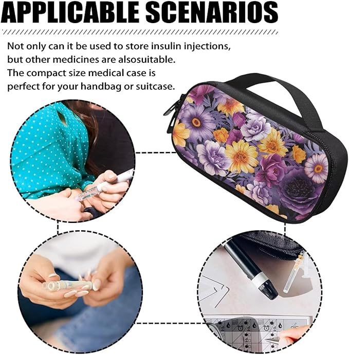 Bright Floral Insulin Cooler Diabetic Travel Case, Travel Medicine Bag with Handle, Portable Diabetic Kits Storage Bag for Glucose Meter Insulin Pens and Accessories