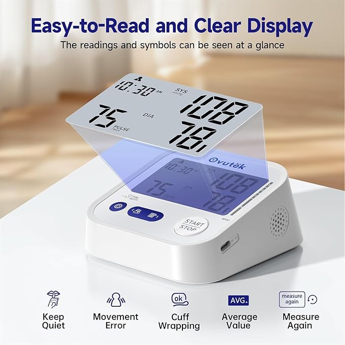 Ovutek Blood Pressure Monitors for Home Use, Automatic Digital Blood Pressure Cuff with Large Cuff for Upper Arm, 2 Users x 120 Sets Memory, Manual Arm Blood Pressure Machine with Backlight (White)
