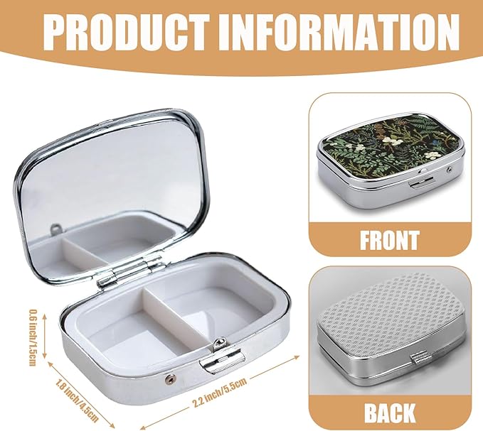 Vintage Botanical Pill Box-2 Compartment Small Pill Case Square Organizer Case with Mirror Portable Metal Medicine Box Travel Container for Pocket & Purse Women Men(Wild Plants)