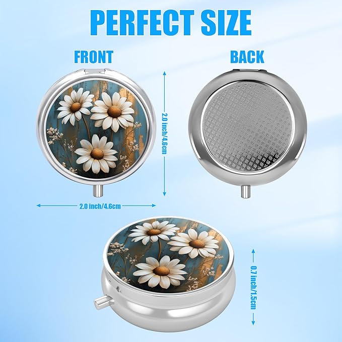 Pill Box, 3 Compartments Small Pill Case Travel Portable Metal Medicine Box with Mirror Mini Container for Purse Pocket Women Men(White Daisy)