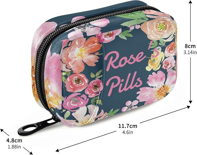 Custom Pill Box 7 Day Pill Case Bag Watercolor Floral Flower Personalized Name Travel Pill Organizer Bag with Zipper Portable Weekly Case Compact Size for Vitamin Supplement Holder