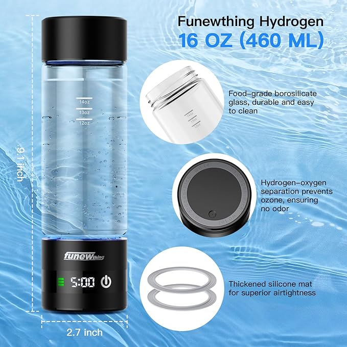 Hydrogen Water Bottle with LED Display, 3000ppb Portable Water Ionizer Machine with SPE/PEM Technology in 5-Minute Electrolysis, Rechargeable Hydrogen Rich Glass Cup for Home Office Travel & Fitness