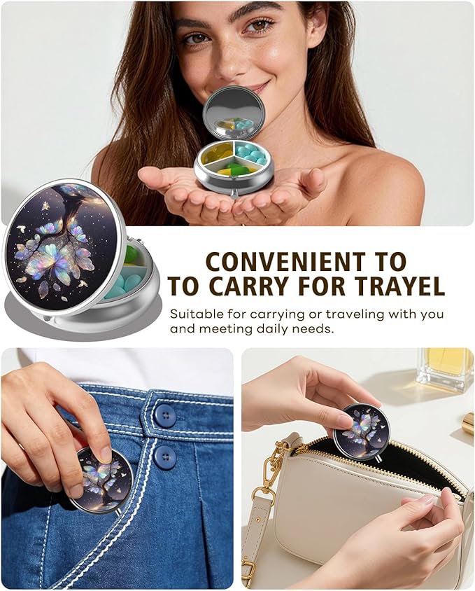 LRITER Pill Case, Portable Travel Pill Box, Pillbox Organizer, Cute Small Medicine Storage Container, Purse Accessories for Women, Men (Butterfly Tree)