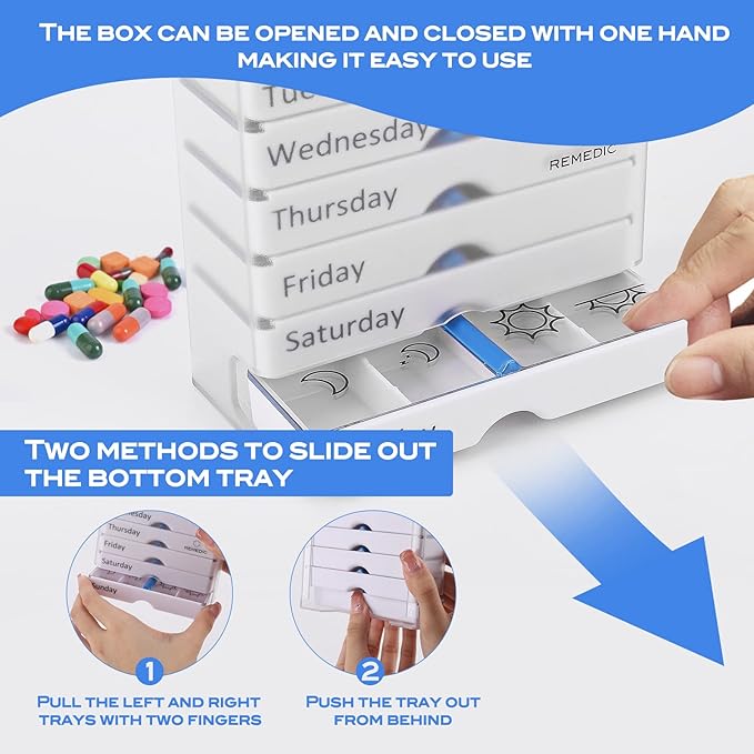 Weekly Pill Organizer 7 Day AM/PM – 4 Compartments per Day, Arthritis Friendly Pill Case with Better Grip Design, Medicine Planner for Vitamins, Supplements, and Medications – Easy to Use Pillbox