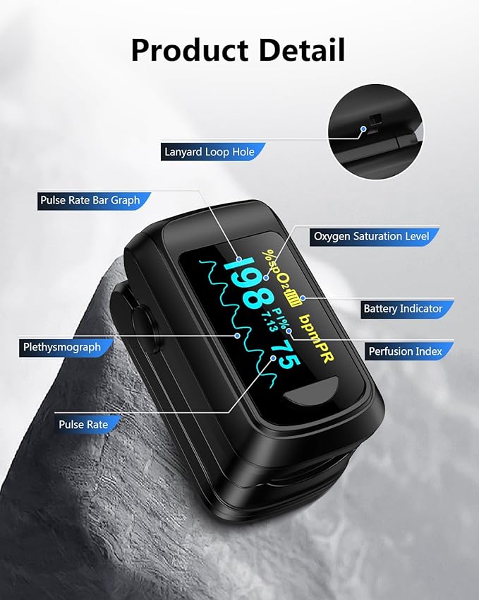 Fingertip Pulse Oximeter HealthTree Blood Oxygen Monitor Pulse Ox, Heart Rate monitor and Spo2 Reading Oxygen Meter Included Lanyard and AAA Batteries