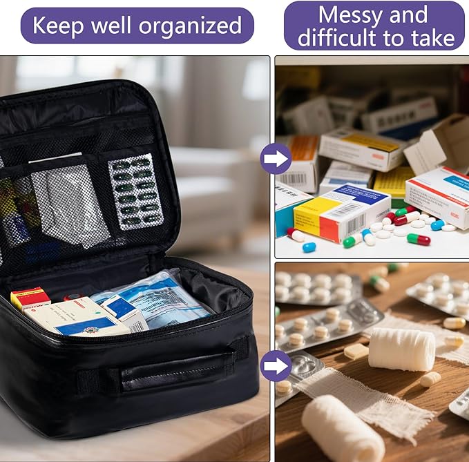 Medicine Bag, PU Leather Pill Bottle Organizer Storage, First Aid Bag Medication Travel Bag for Pills, Vitamins, Medical Supplies for Home, Traveling Hiking Camping (Purple)