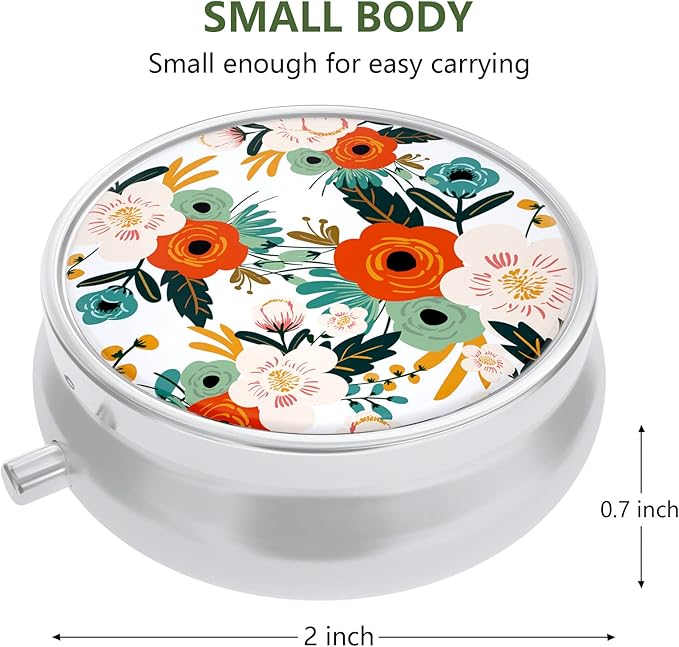 Nipichsha Pill Box, Small Pill Case for Purse & Pocket, Cute Travel Medicine Organizer, Portable Medicine Container Holder to Hold Vitamins, Medication, Fish Oil & Supplements, White Flowers