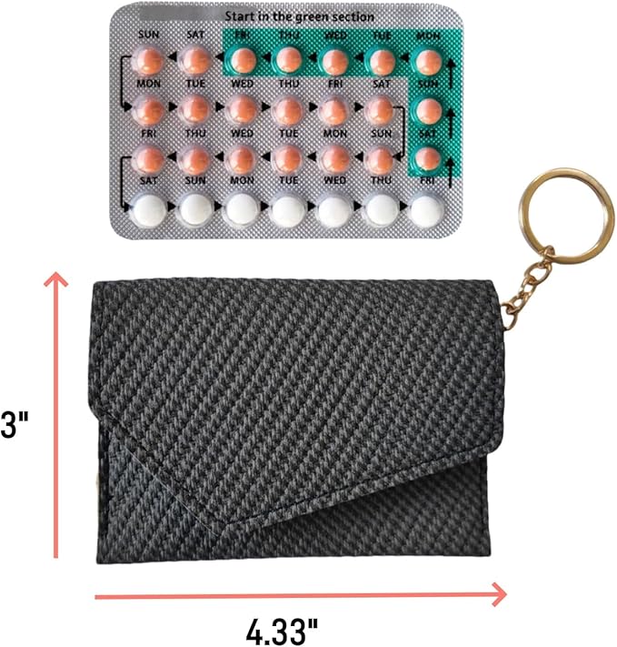 Birth Control Pill Case Wallet PU Leather Medicine Holder Keychain (Dark Gery)