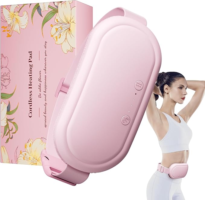 Portable Electric Heating Pad for Period Cramps,Menstrual Heating Pads with 4 Heat Levels and 4 Vibrating Modes for Women Stomach Pain Relief - Pink