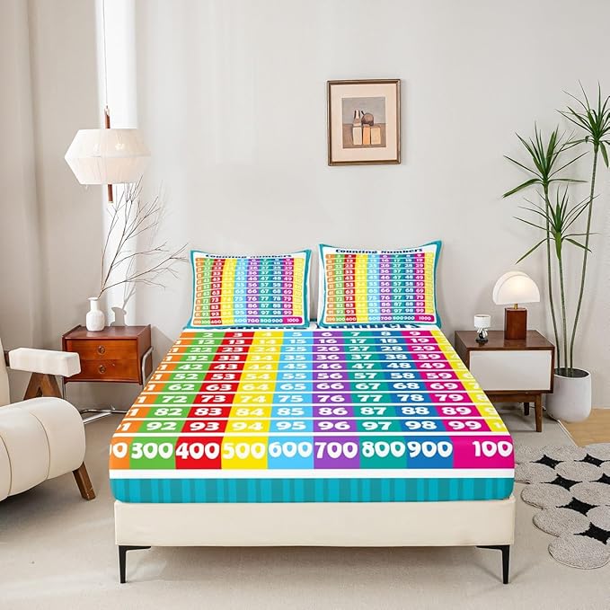 Numbers Alphabet Fitted Sheet Queen, Educational Learning Bedding Set for Kids Boys Girls Numbers Bed Sheet Set Learning Time Bed Cover (2 Pillow Cases and a Fitted Sheet)
