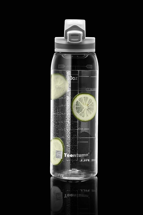 30oz Sport Water Bottle with Time Markers, Large Durable Gym Plastic Bottle Tritan BPA Free for Fitness, School, Outdoor Enthusiasts, Leakproof Clear (Pack of 1)