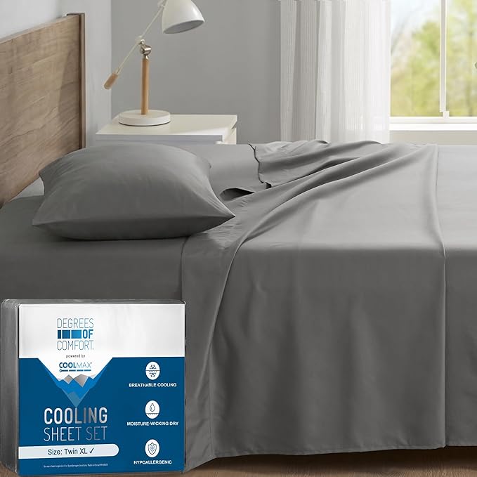 Degrees of Comfort Coolmax® Cooling Bed Sheets Twin XL Size for Hot Sleepers, Moisture Wicking Sheet Set for Night Sweats, Deep Pocket, Ultra Soft, Cozy for All Seasons, Grey 3 Pieces