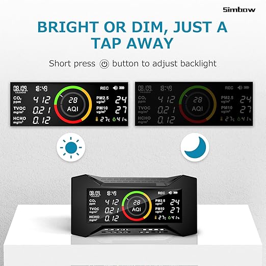 Air Quality Monitor Indoor, Simbow CF-20 8-in-1 CO2 Monitor Air Quality Tester for (PM2.5, PM10, CO2, VOC, Formaldehyde, Humidity, Temp) Air Quality Meter for Home