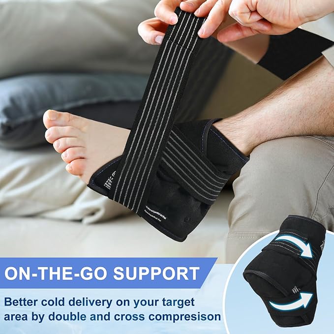 Ankle Ice Pack Wrap with Compression – Reusable Cold Gel Pack for Foot and Achilles, Dual Strap Design with Soft Plush Lining, Flexible Cold Therapy for Ankle Support