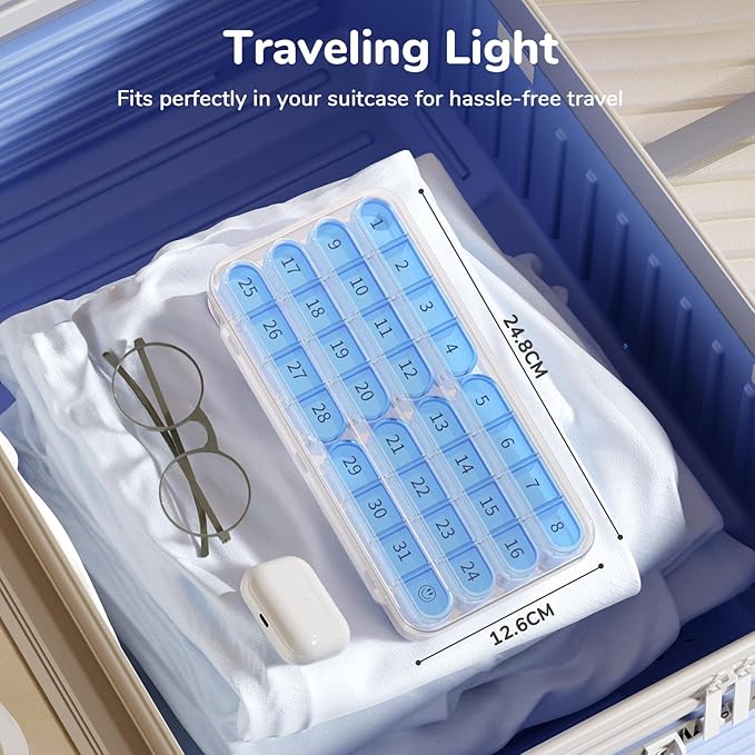 Colorwing 31-Day Premium Monthly Pill Organizer, 4 Weeks Travel Medicine Organizer with 32 Compartments for Daily/Month, 30 Day Pill Box Organizer, Portable Travel Pill Cases（Blue）