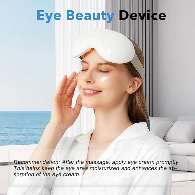 Eye Massager with Heat and Cooling for Migraines – 14 Massage Nodes for Eye Strain Relief, Rechargeable Bluetooth Music, Improve Sleep,Eye Strain Relief, Birthday Gifts for Women and Men(White)