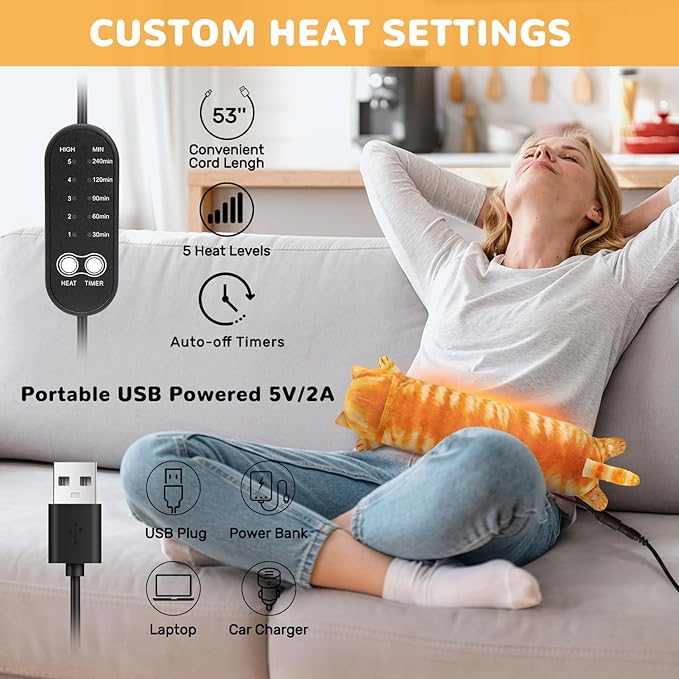 Cat Heating Pad for Period Cramps Menstrual Pain Relief, Portable Electric Heat Pads USB Powered, Cute Stuff Stuffed Animals Funny Gifts for Women Teen Girls s Cat Lovers Birthday Easter Christmas