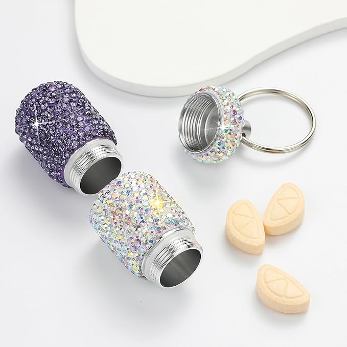 Bling Pill Case Portable Travel Pill Container Bottle Rhinestone Waterproof Small Pill Holder with Keychain Cute Mini Pill Storage Box for Outdoor Camping Case (AB-Purple)